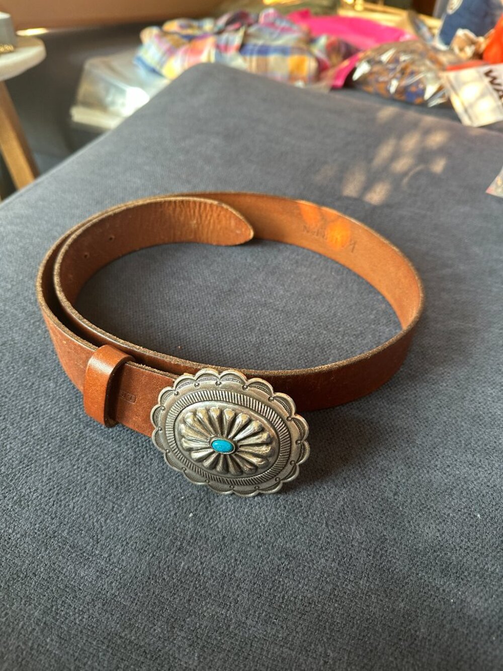Ralph Lauren concho Tan Brown Leather Belt with Silver and Turquoise Buckle S